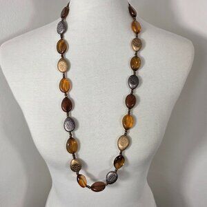 Vintage-Style Chunky Beaded Necklace Amber Gold & Silver Oval Flat Beads